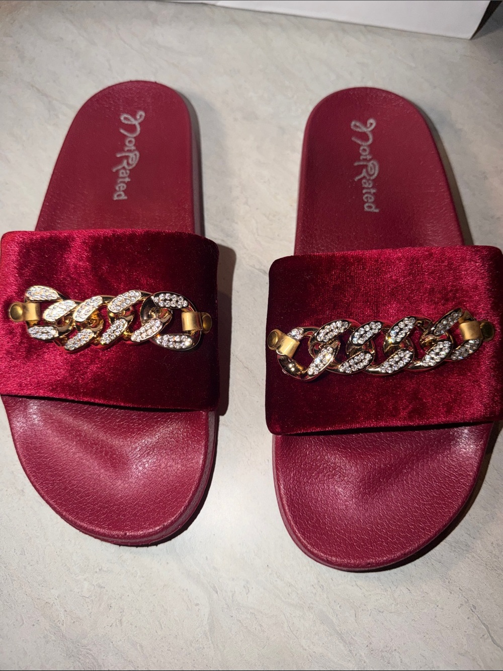 Not Rated Women's Burgundy Velvet Slide Sandals with Gold Chain